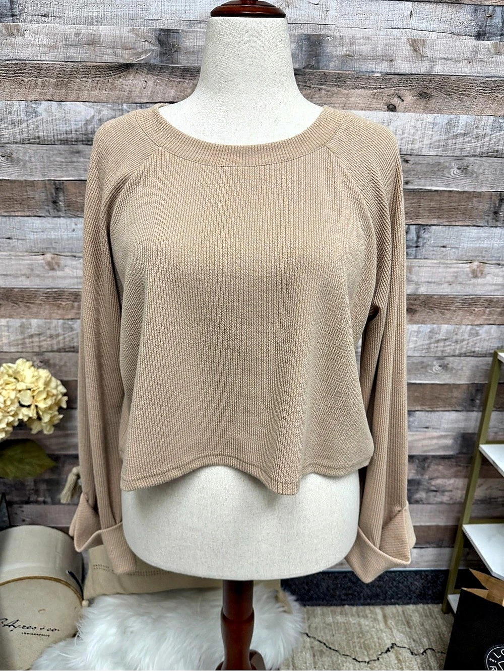 MINKPINK Beige Crop Ribbed Crewneck with Cuffed Sleeves